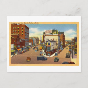 Cartão Postal Congresso e Ruas Livres, Portland, Maine Vintage