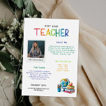 Cartão Postal Conheça o folheto do seu professor<br><div class="desc">Apresentando elementos gráficos bonitos e amigáveis aos estudantes com um espaço para sua foto mais alguns detalhes sobre sua vida que lembram aos pais (e seus filhos!) que você é realmente um ser humano real! Escrevendo um encontro que a carta do professor é um bom toque se você tiver tempo,...</div>
