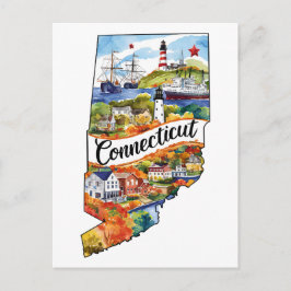 Cartão Postal Connecticut USA State Shaped Vintage Watercolor