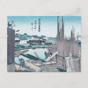 Cartão Postal Construção de madeira japonesa Ukiyo-e por Hokus