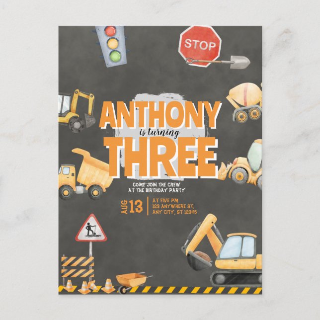 Cartão Postal Construction Birthday Invitation (Frente)
