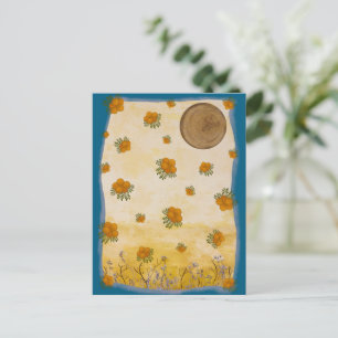 Cartão Postal Contemporâneo Dourado Ilustrado Flor Lua Colagem
