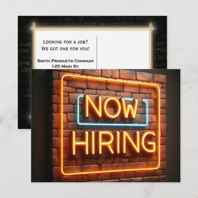 Cartão Postal Contratando Neon Sign no Brick (Frente/Verso)