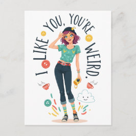Cartão Postal Cool Weird Girl Illustration I Like You Quirky