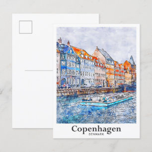 Cartão Postal Copenhaga Dinamarca Art Viagem Watercolor Sketch