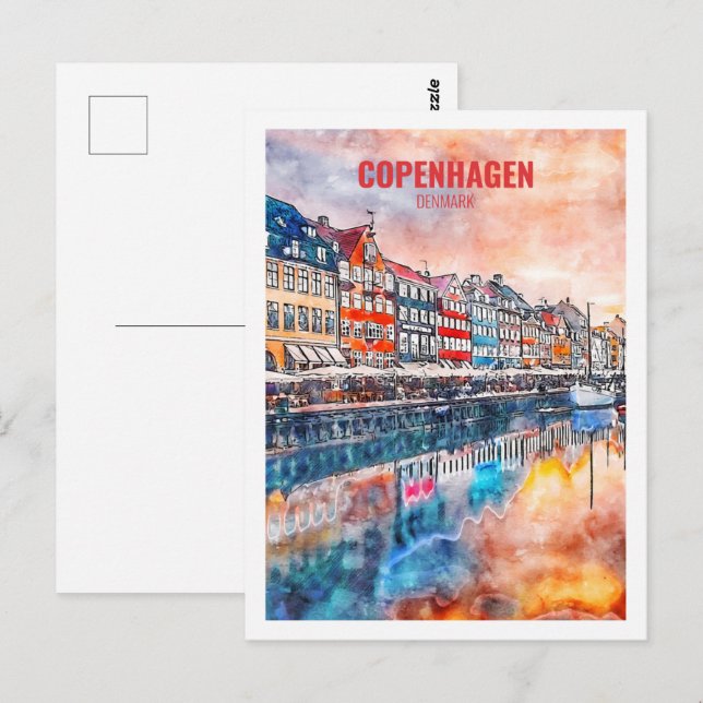 Cartão Postal Copenhagen Denmark famosa Viagem Place Watercolor (Frente/Verso)