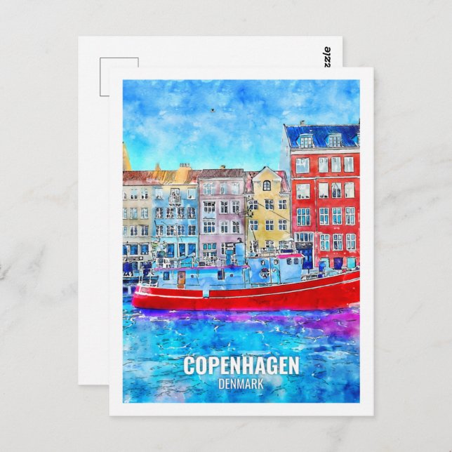 Cartão Postal Copenhagen Denmark famosa Viagem Place Watercolor (Frente/Verso)