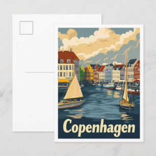 Cartão Postal Copenhague Dinamarca Ilustração de Viagem Vintage