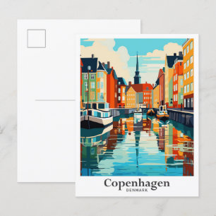Cartão Postal Copenhague Dinamarca Viagem Arte Ilustração Vintag