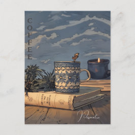 Cartão Postal Copo de Café Vintage Livro Vela Céu Azul Nuvens