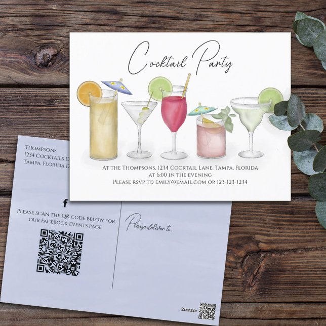 Cartão Postal Coquetéis de aquarela Bebidas com código QR Mídia  (Criador carregado)