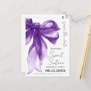 Cartão Postal Coquette do Laço Roxo Doce 16 Salve a Data