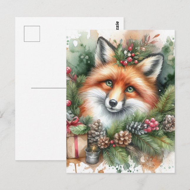 Cartão Postal Cor d'água Adorável Fox Vermelha de Natal (Frente/Verso)