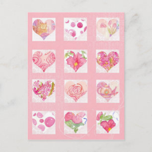 Cartão Postal Cor d'água rosa Cor d'água Corações Colagem Ro