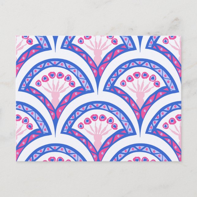 Cartão Postal cor damasco floral azul (Frente)
