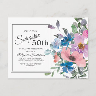 Cartão Postal Cor de Água Rosa Púrpura Floral 50º Aniversário