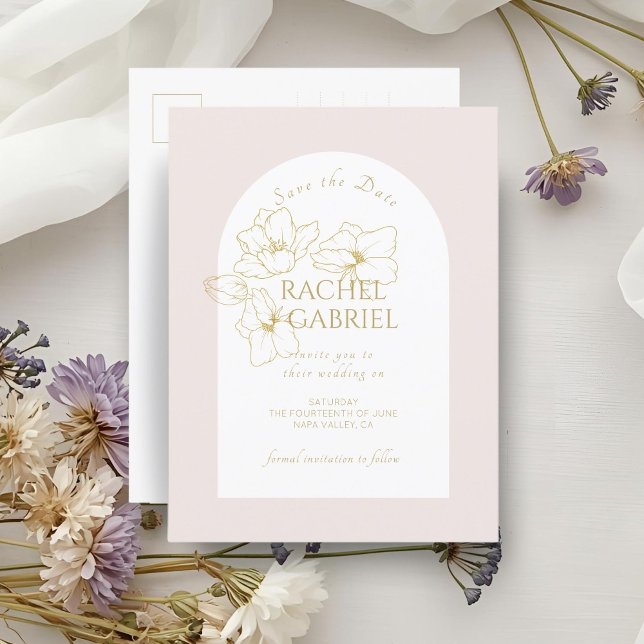 Cartão Postal Cor de rosa desbotado | Boho Arch Dourado Casament (Criador carregado)