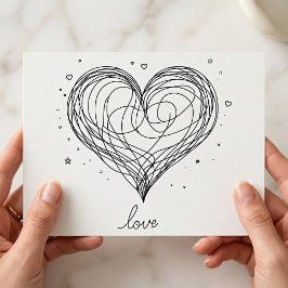 Cartão Postal Coração com Desenho de Amor em Linha Caprichosa