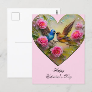 Cartão Postal Coração com flores rosa e valentim de aves