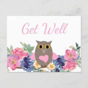 Cartão Postal Coração Cor-de-Rosa Fofo de Coruja Floral Aquarela