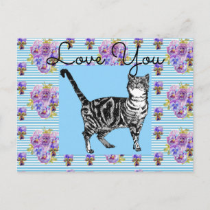 Cartão Postal Coração de Amor de Gato Tabby de Listra Azul Shabb