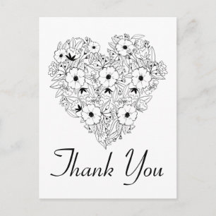 Cartão Postal Coração de Anêmona Floral Obrigado Preto Branco Fl