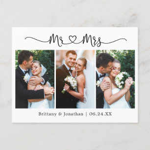 Cartão Postal Coração de Caligrafia Casamento 3 Foto Obrigado