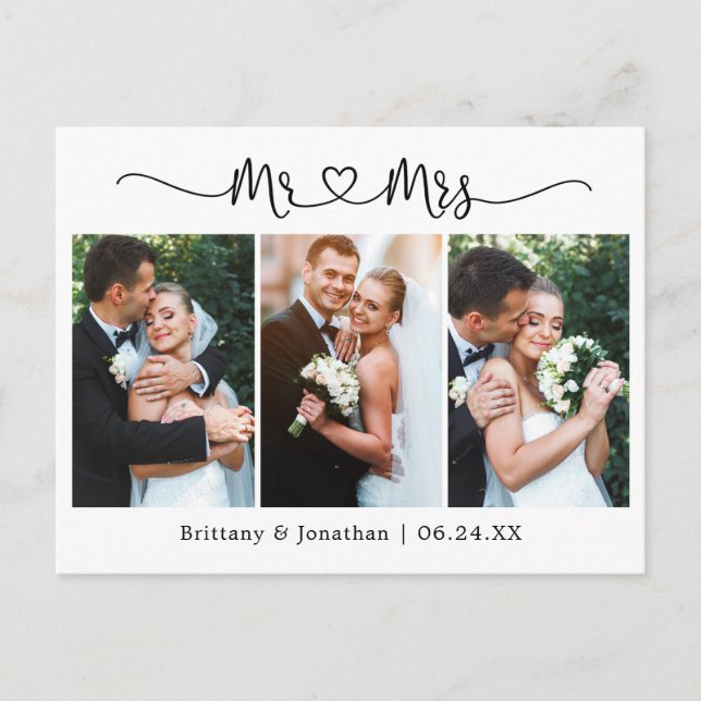 Cartão Postal Coração de Caligrafia Casamento 3 Foto Obrigado (Frente)