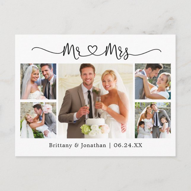 Cartão Postal Coração de Caligrafia Casamento 5 Foto Obrigado (Frente)