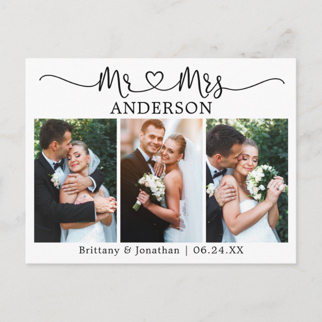 Cartão Postal Coração de Caligrafia Moderna Casamento 3 Foto Obr (Frente)