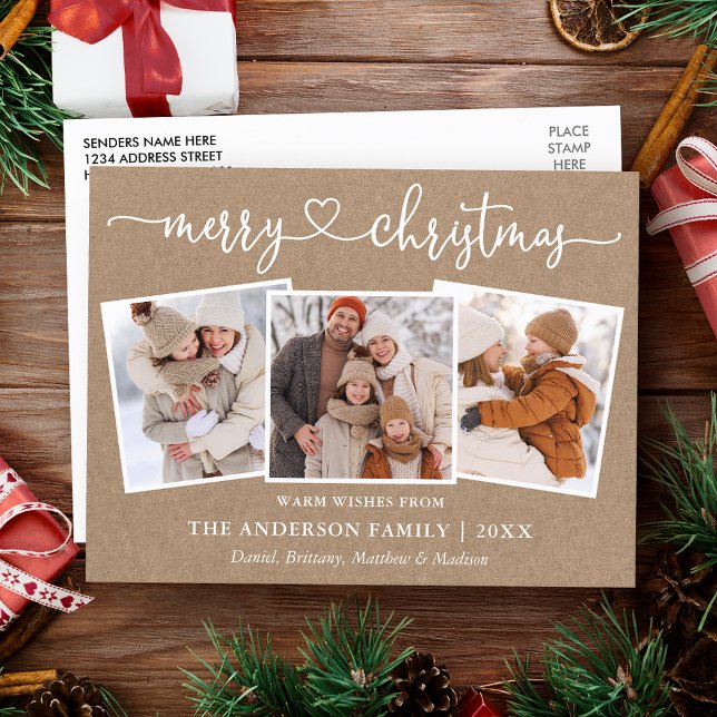 Cartão Postal Coração de Caligrafia Natal Kraft 3 Foto (Customize to change your personalized text size or text style.)