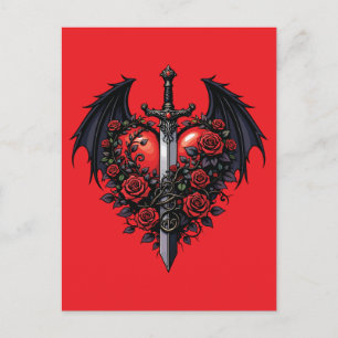 Cartão Postal Coração de Espada Gótica com Asas de Morcego Cartã
