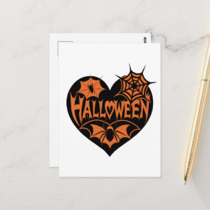 Cartão Postal Coração de Halloween, Coração Preto em Forma, Teia