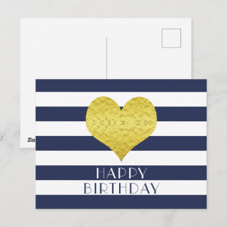 Cartão Postal Coração Dourado Fofo Azul E Branco Feliz Aniversár