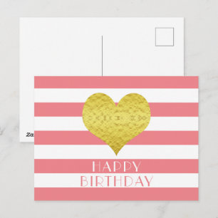 Cartão Postal Coração Dourado Fofo Rosa E Branco Feliz Aniversár