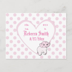 Cartão Postal Coração e Bolinhas de Elefante de Menina Rosa