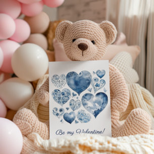 Cartão Postal Coração Floral Delft Azul Personalizado para o Dia