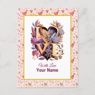 Cartão Postal Coração Floral Romântico e Dourado