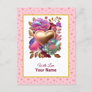 Cartão Postal Coração Floral Romântico e Dourado