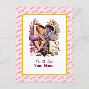 Cartão Postal Coração Floral Romântico e Dourado