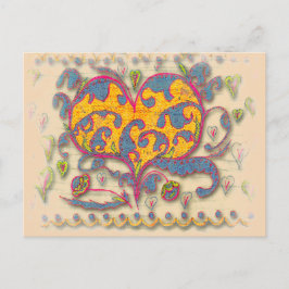 Cartão Postal Coração Folk Art com folhas e flores
