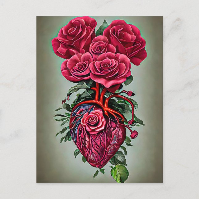 Cartão Postal Coração Humano com flores Rosas vermelhas, arte su (Frente)