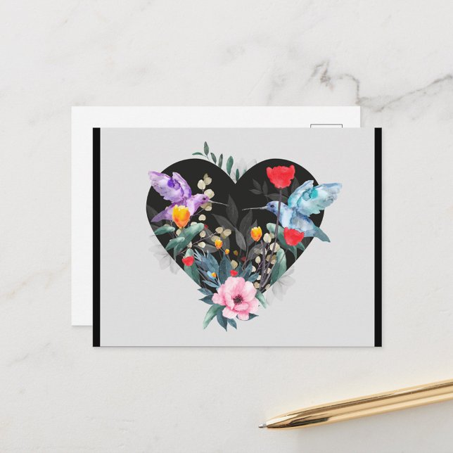 Cartão Postal Coração Negro (Watercolor illustration featuring a black heart shape filled with a variety of flowers!)