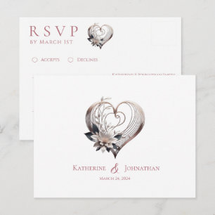 Cartão Postal Coração Rosa Moderno com Flores-RSVP-Casamento-