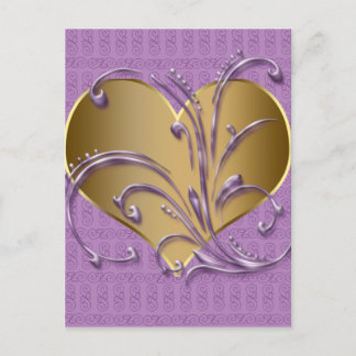 Cartão Postal Coração Roxo E Dourado