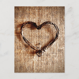 Cartão Postal Coração Rustic Country Twine no Burlap Impressão