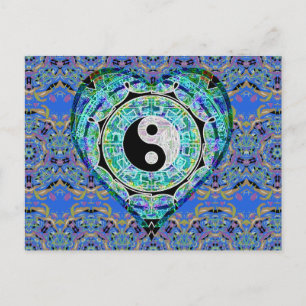Cartão Postal Coração Yin Yang do verde azul da mandala