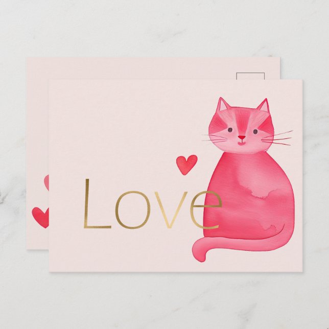 Cartão Postal Corações de Gato Rosa Dourado Amor (Frente/Verso)