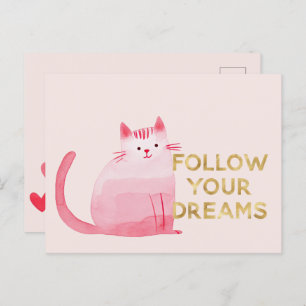 Cartão Postal Corações de Gato Rosa Dourado Seguem Sonhos