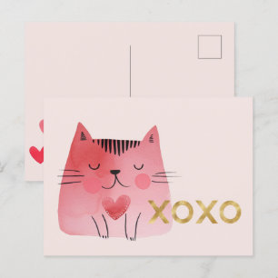 Cartão Postal Corações de Gato Rosa Fofo Ouro XOXO